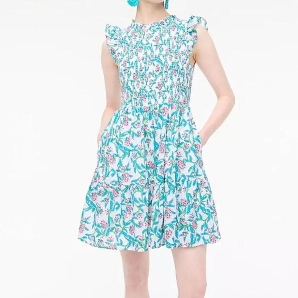 J Crew Flutter Sleeve Mini Dress XS White Blue Floral Smocked Peplum High Neck